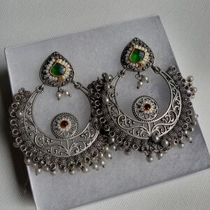 Large silver tone Indian earrings